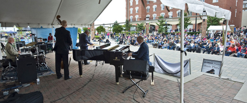 A band performing on the Main Stage of the Brantford Jazz Festival